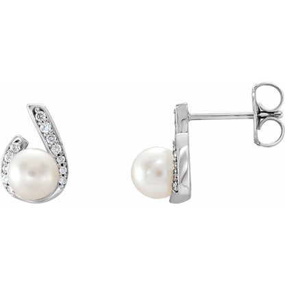 14K White Gold Cultured White Freshwater Pearl & 1/10 CTW Natural Diamond Earrings, 6.71 mm x 9.93 mm