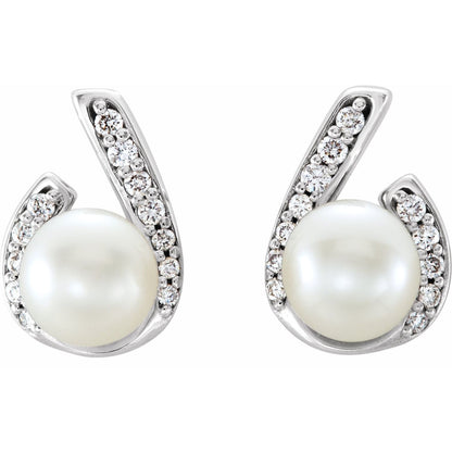 14K White Gold Cultured White Freshwater Pearl & 1/10 CTW Natural Diamond Earrings, 6.71 mm x 9.93 mm