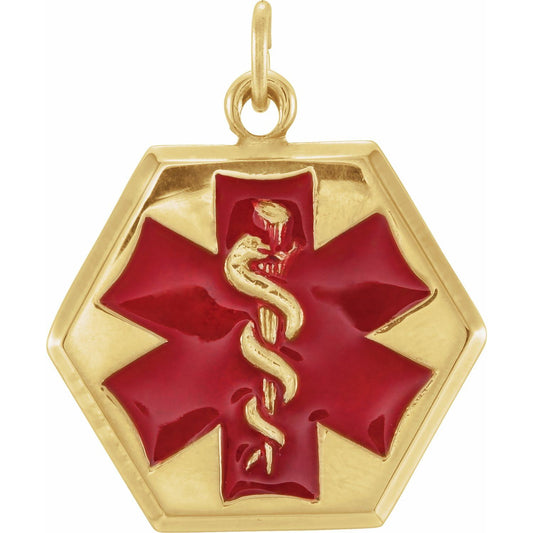 14K Yellow Gold Engravable Red Enamel Medical Identification Pendant
