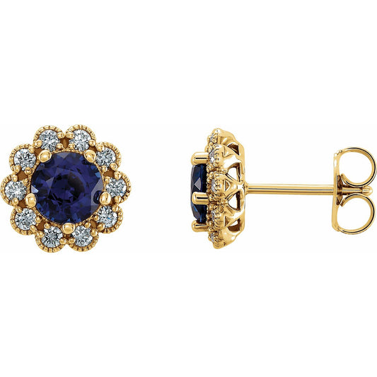 14K Yellow Gold Lab-Grown Blue Sapphire & 1/4 CTW Natural Diamond Earrings