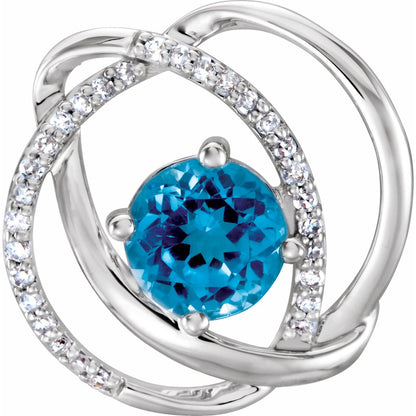14K White Gold Natural Swiss Blue Topaz and 1/10 CTW Natural Diamond Pendant