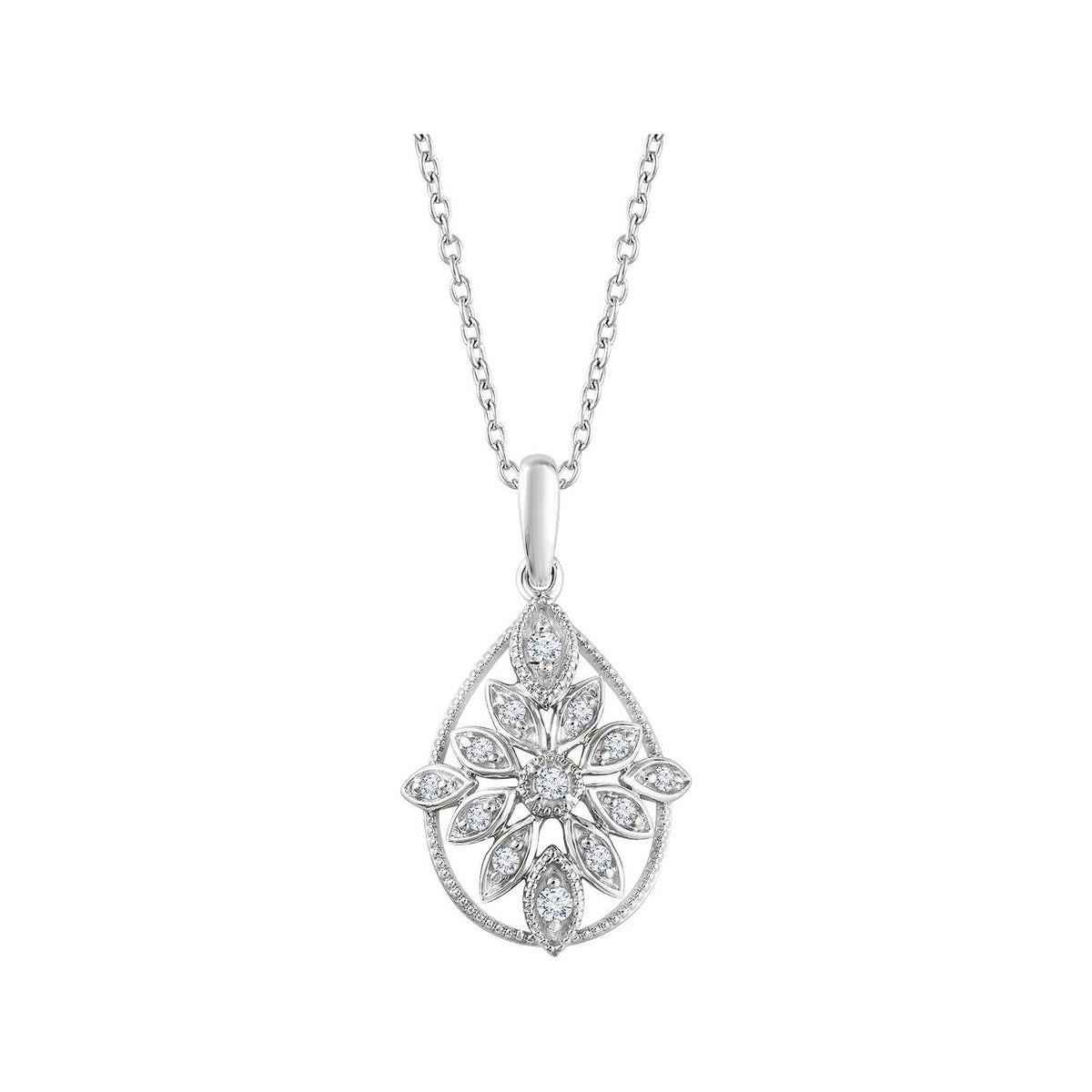 14K White Gold 1/6 CTW Natural Diamond Granulated Filigree 16-18" Necklace