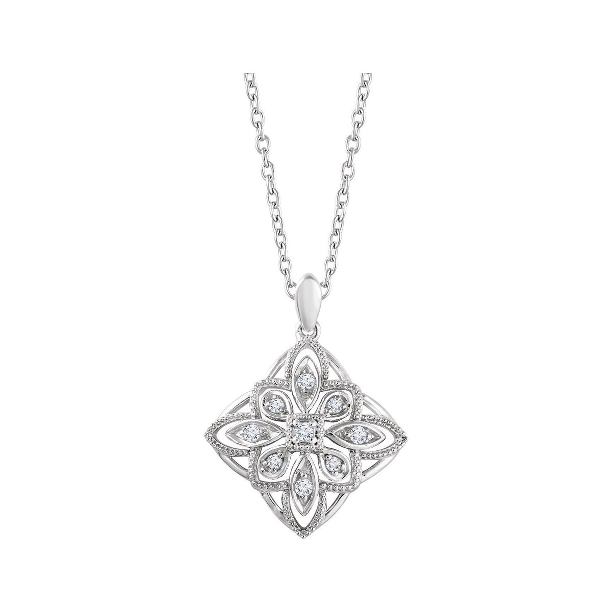 14K White Gold 1/10 CTW Natural Diamond Granulated Filigree 16-18" Necklace