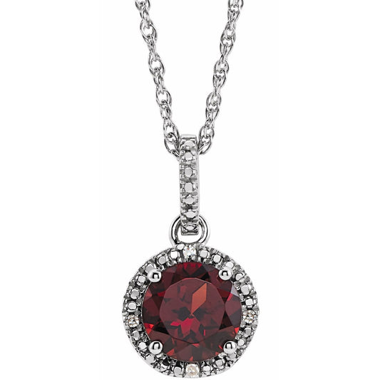 Sterling Silver Natural Mozambique Garnet and .01 CTW Natural Diamond 18" Necklace