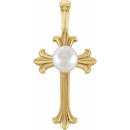 14K Yellow Gold Cultured White Freshwater Pearl Cross Pendant, 21.4 x 10.4 mm