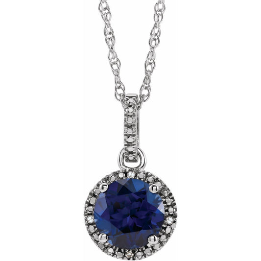 Sterling Silver Lab-Grown Blue Sapphire & .01 CTW Natural Diamond 18" Necklace, 12.1 x 9.4 mm