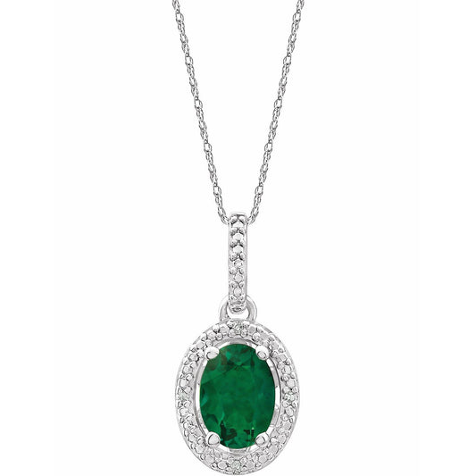 Sterling Silver Lab-Grown Emerald & .01 CTW Natural Diamond 18" Necklace, 12.4 x 8.5 mm