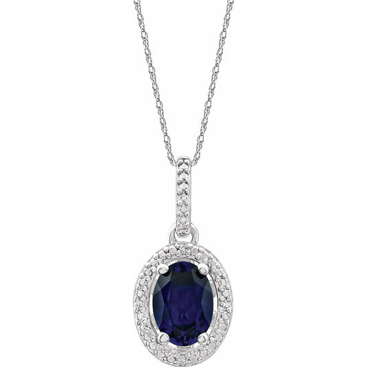 Sterling Silver Lab-Grown Blue Sapphire & .01 CTW Natural Diamond 18" Necklace, 12.4 x 8.5 mm