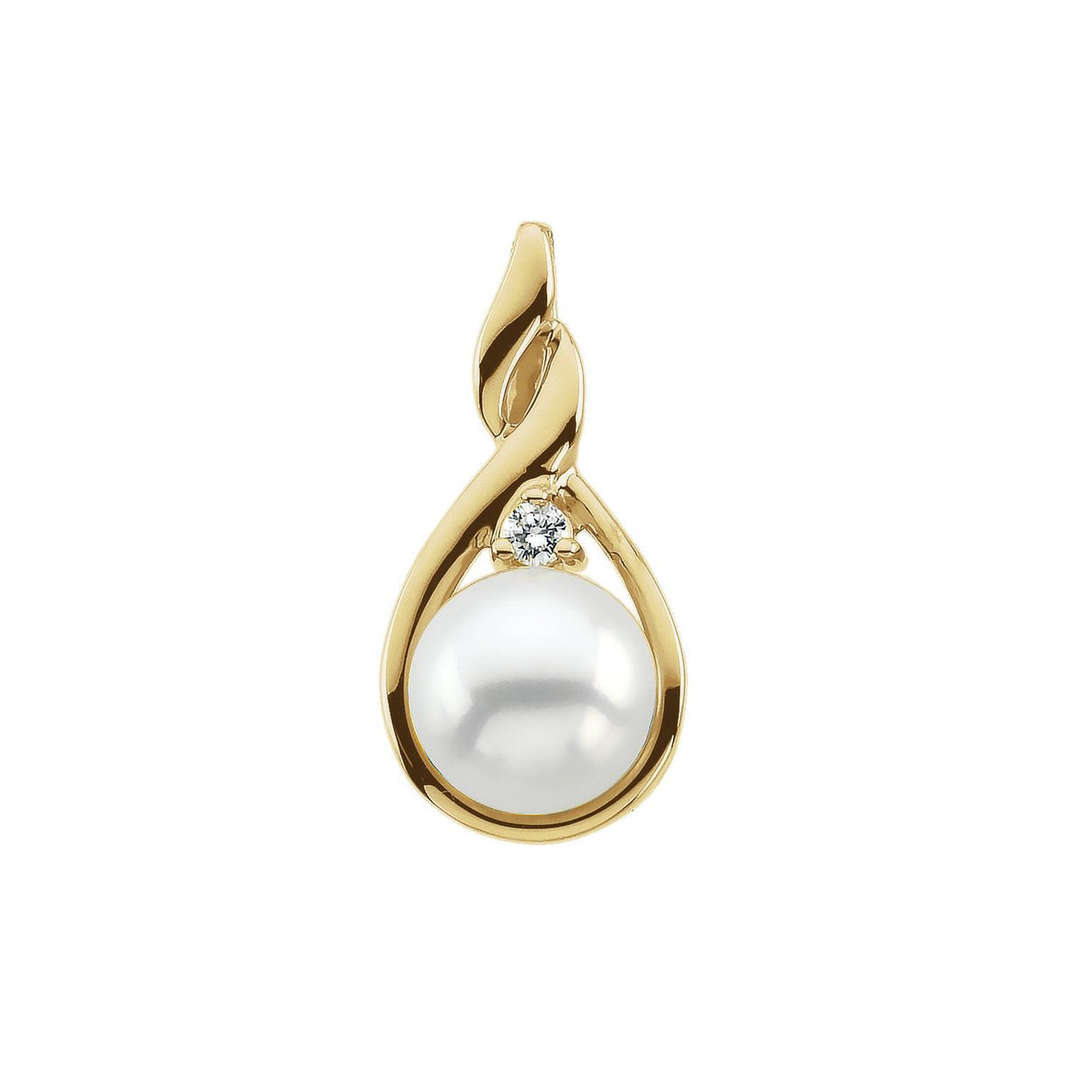 14K Yellow Gold Cultured White Akoya Pearl & .03 CT Natural Diamond Freeform Pendant