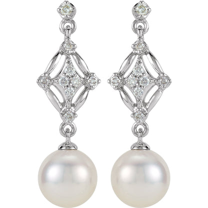 14K White Gold Cultured White Freshwater Pearl & 1/6 CTW Natural Diamond Earrings, 7.9 mm x 24.25 mm