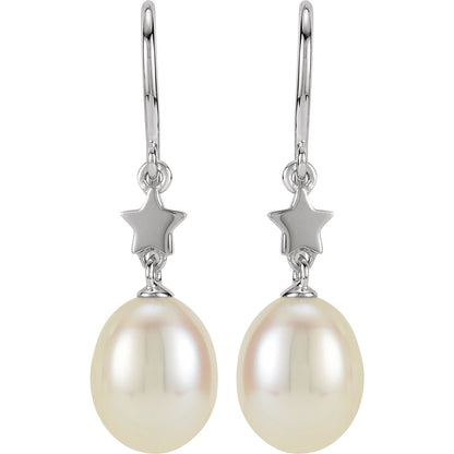 14K White Gold Cultured White Freshwater Pearl Star Earrings