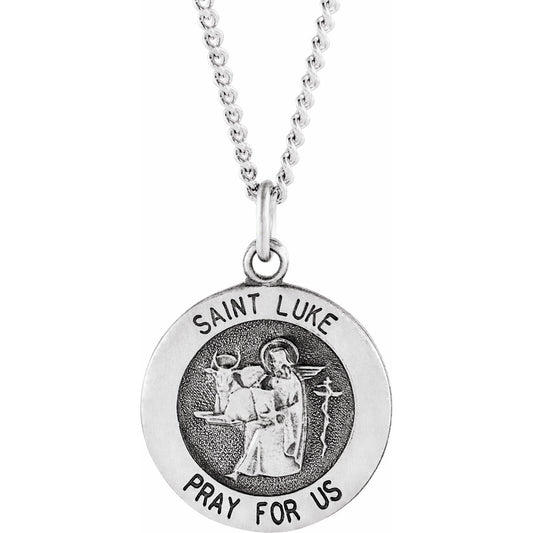 Sterling Silver Round St. Luke Medal 18" Necklace