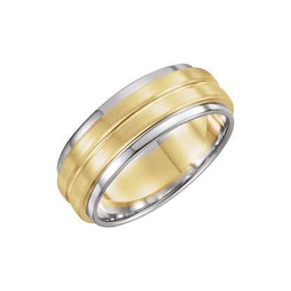 14K Yellow/White/Yellow Gold Stepped-Edge Grooved Comfort-Fit Flat Band