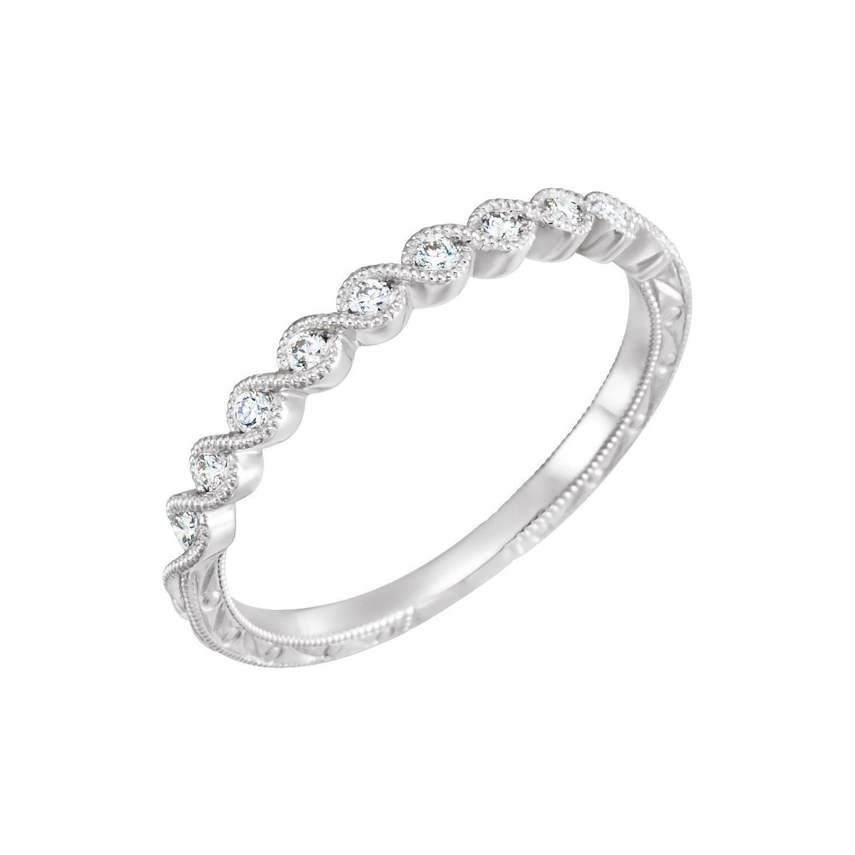 14K White Gold 1/8 CTW Natural Diamond Hand-Engraved Anniversary Band