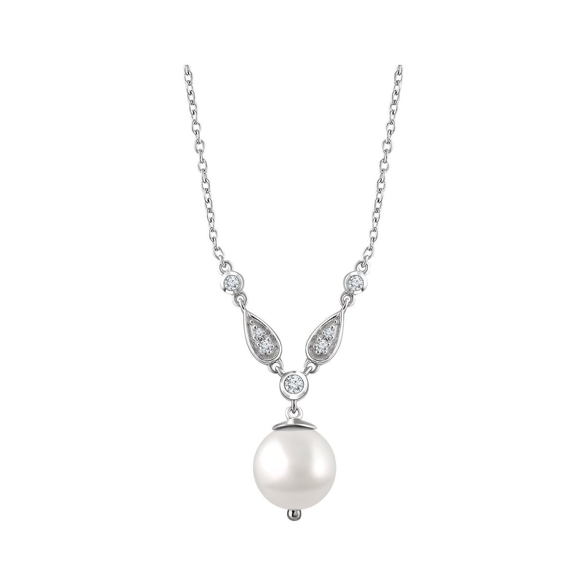 14K White Gold Cultured White Freshwater Pearl & 1/6 CTW Natural Diamond 16-18" Necklace, 18.2 x 3.5 mm