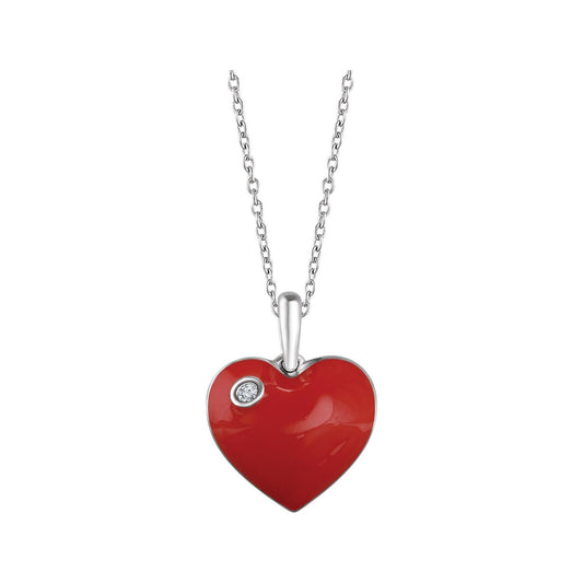 Sterling Silver .02 CT Natural Diamond Red Enamel Heart 16-18" Necklace