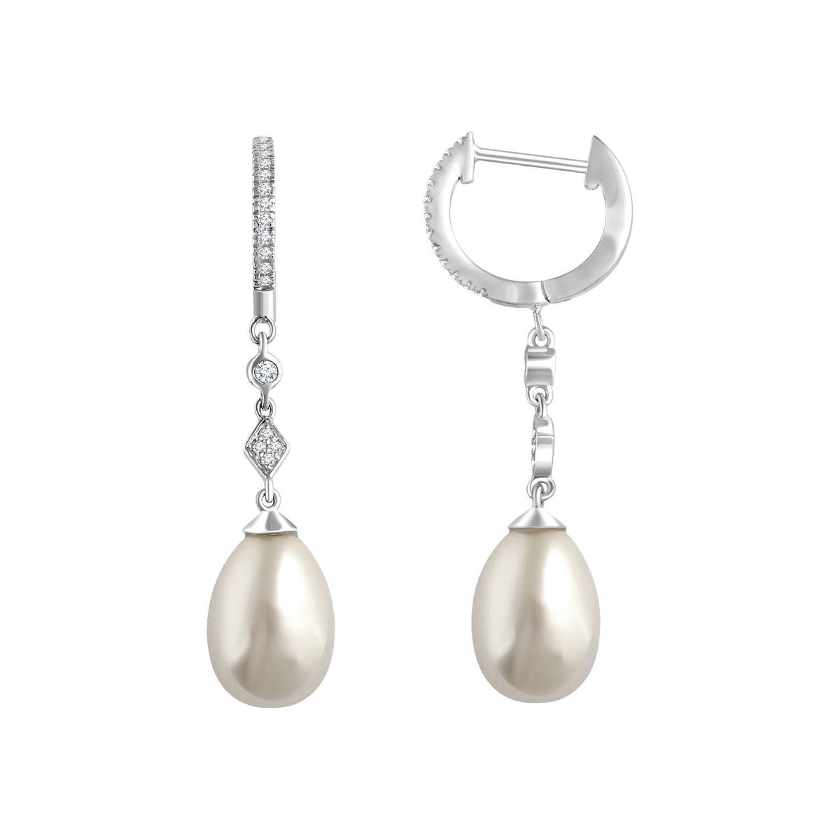 14K White Gold Cultured White Freshwater Pearl & 1/6 CTW Natural Diamond Earrings, 8 mm x 35.5 mm