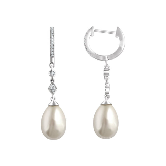 14K White Gold Cultured White Freshwater Pearl & 1/6 CTW Natural Diamond Earrings, 8 mm x 35.5 mm