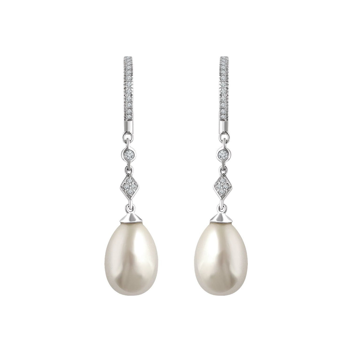14K White Gold Cultured White Freshwater Pearl & 1/6 CTW Natural Diamond Earrings, 8 mm x 35.5 mm