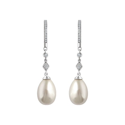 14K White Gold Cultured White Freshwater Pearl & 1/6 CTW Natural Diamond Earrings, 8 mm x 35.5 mm