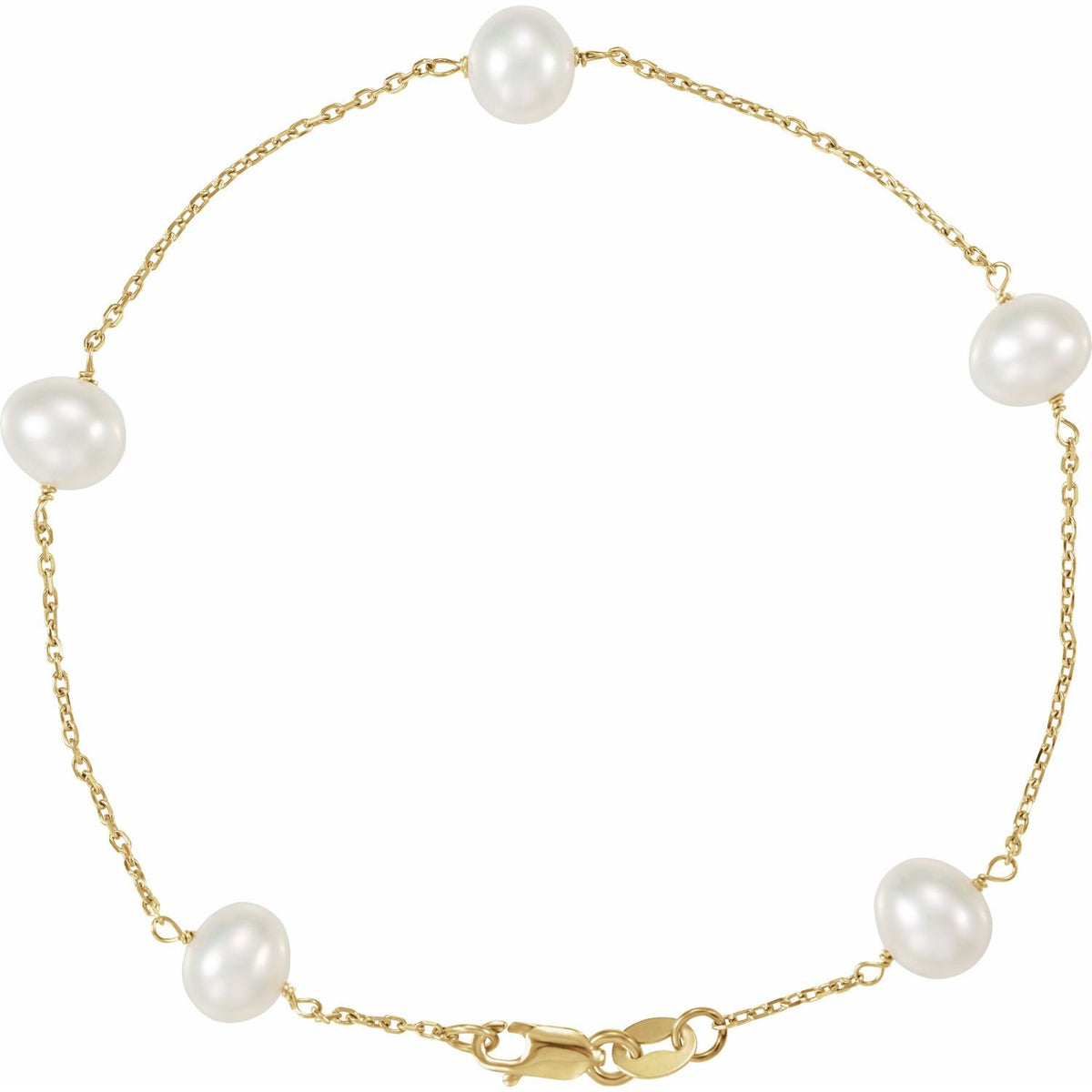14K Yellow Gold Cultured White Freshwater Pearl 5-Station 7" Bracelet (CH184)