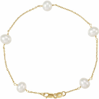 14K Yellow Gold Cultured White Freshwater Pearl 5-Station 7" Bracelet (CH184)