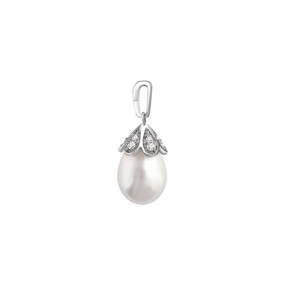 14K White Gold Cultured White Freshwater Pearl & 1/8 CTW Natural Diamond Pendant, 20.6 x 8 mm