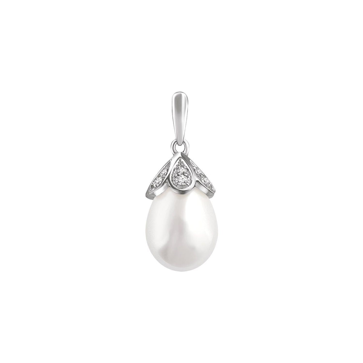 14K White Gold Cultured White Freshwater Pearl & 1/8 CTW Natural Diamond Pendant, 20.6 x 8 mm