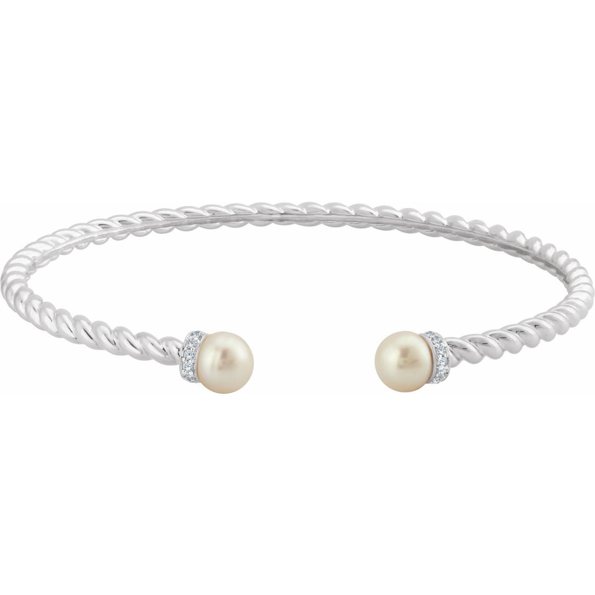 14K White Gold Cultured White Freshwater Pearl & 1/10 CTW Natural Diamond Cuff 7" Bracelet