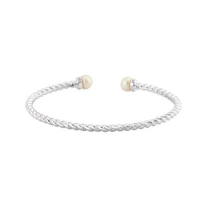 14K White Gold Cultured White Freshwater Pearl & 1/10 CTW Natural Diamond Cuff 7" Bracelet