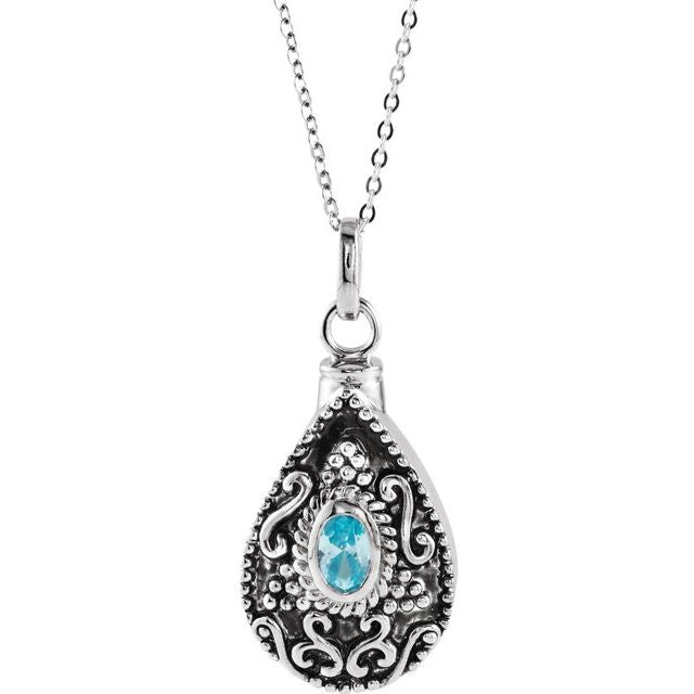 Sterling Silver 6x4 mm Oval March Birthstone Ash Holder 18" Necklace