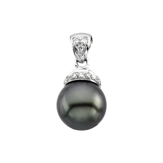 14K White Gold Cultured Black Freshwater Pearl & .07 CTW Natural Diamond Pendant