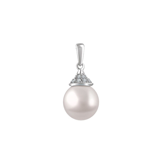 14K White Gold Cultured White Freshwater Pearl & 1/8 CTW Natural Diamond Pendant, 20.5 x 6.8 mm