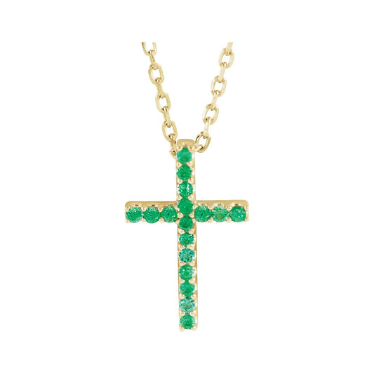 14K Yellow Gold Natural Emerald Petite Cross 16" Necklace