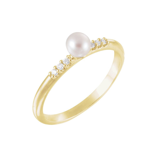 14K Yellow Gold Cultured White Freshwater Pearl & .05 CTW Natural Diamond Ring