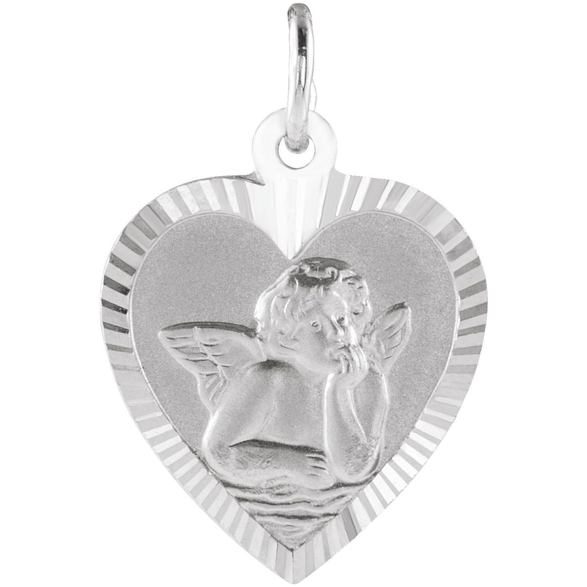 14K White Gold 12x11 mm Heart Cherub Angel Medal