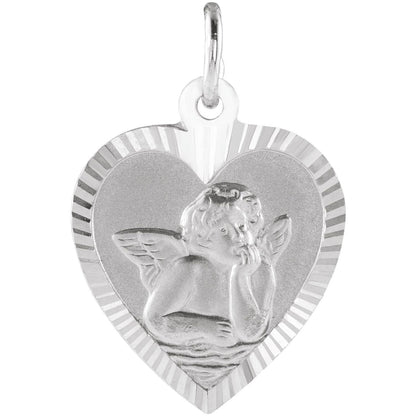 14K White Gold 12x11 mm Heart Cherub Angel Medal
