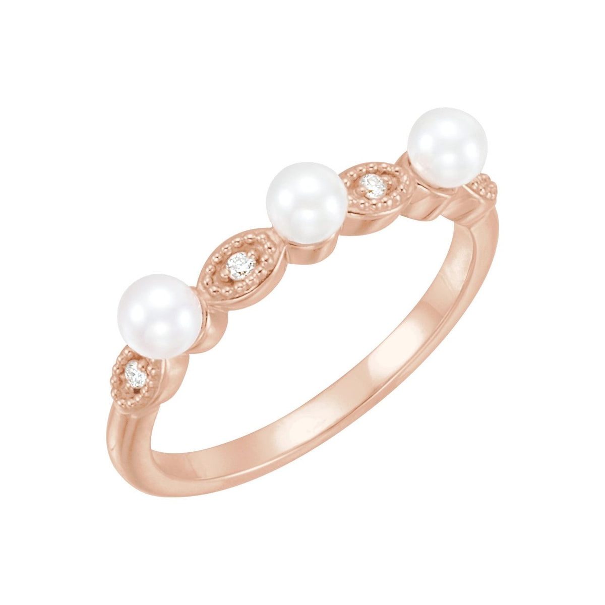 14K Rose Gold Cultured White Freshwater Pearl & .03 CTW Natural Diamond Stackable Ring