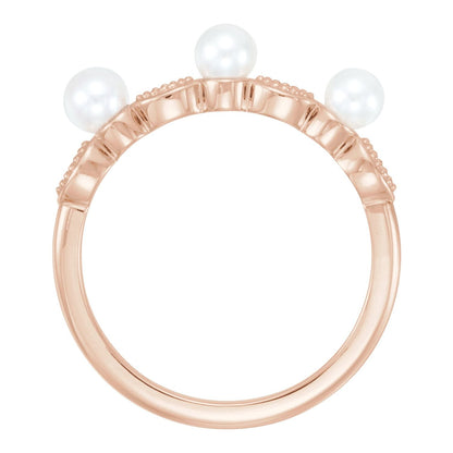 14K Rose Gold Cultured White Freshwater Pearl & .03 CTW Natural Diamond Stackable Ring