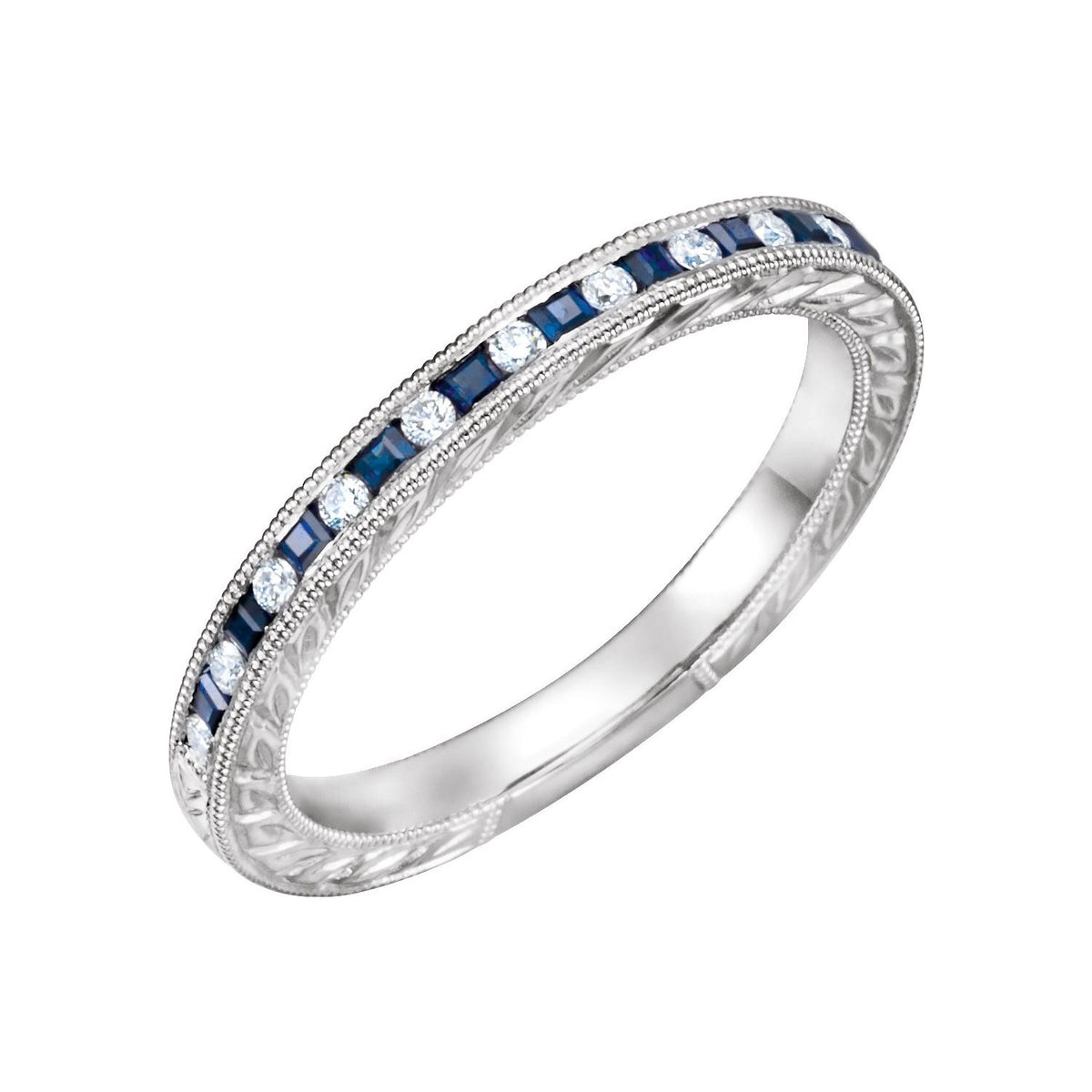 14K White Gold Natural Blue Sapphire & 1/10 CTW Natural Diamond Anniversary Band