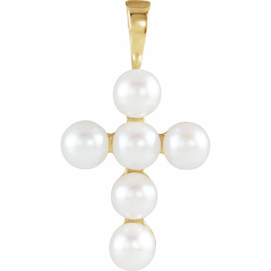 14K Yellow Gold Cultured White Freshwater Pearl Cross Pendant, 22.98 x 12.39 mm