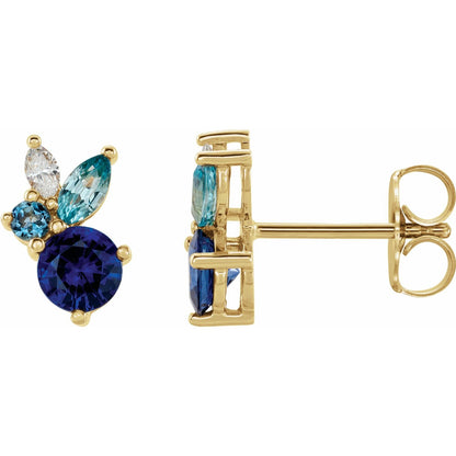 14K Yellow Gold Natural Blue Sapphire, Natural Aquamarine, Natural Blue Zircon & .07 CTW Natural Diamond Earrings