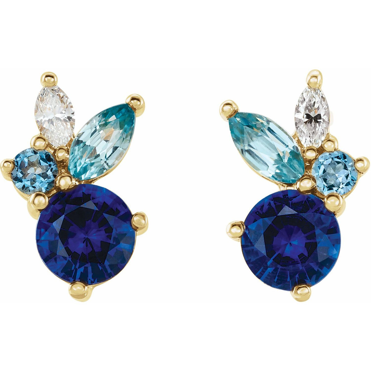 14K Yellow Gold Natural Blue Sapphire, Natural Aquamarine, Natural Blue Zircon & .07 CTW Natural Diamond Earrings