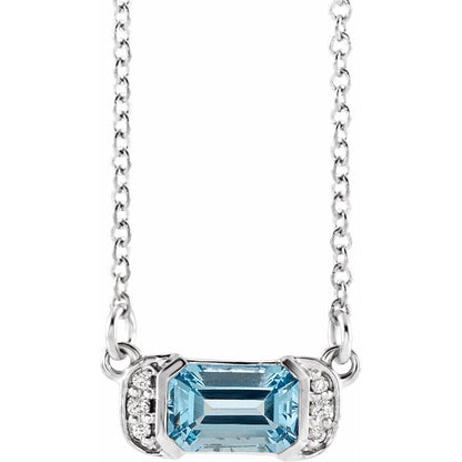 14K White Gold Natural Aquamarine & .02 CTW Natural Diamond Bar 16" Necklace