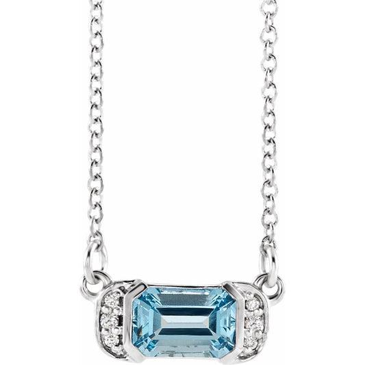 14K White Gold Natural Aquamarine & .02 CTW Natural Diamond Bar 16" Necklace