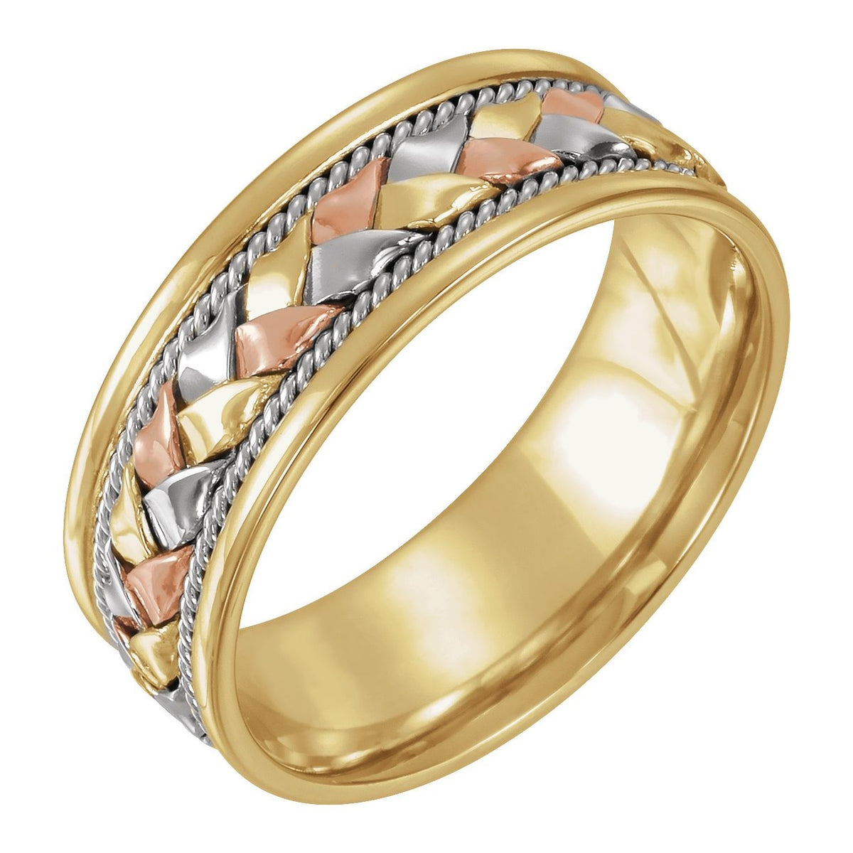 14K Yellow/White/Rose Gold Rope Hand-Woven Comfort-Fit Flat Band
