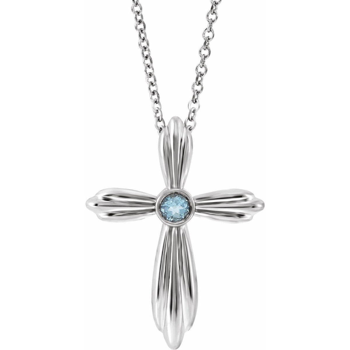 14K White Gold Natural Aquamarine Cross 16-18" Necklace, 20.5 x 15.6 mm
