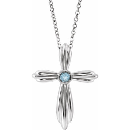 14K White Gold Natural Aquamarine Cross 16-18" Necklace, 20.5 x 15.6 mm