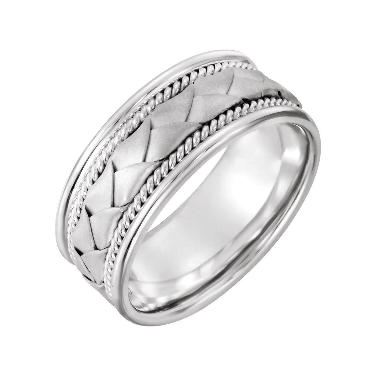 14K White Gold Rope Edge Woven-Design Comfort-Fit Flat Band