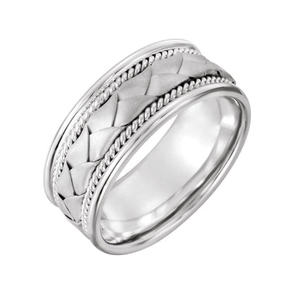 14K White Gold Rope Edge Woven-Design Comfort-Fit Flat Band